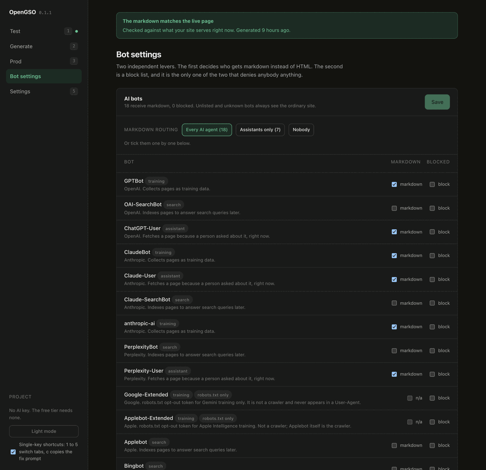 The Bot settings screen. A summary reads: 18 receive markdown, 0 blocked, unlisted and unknown bots always see the ordinary site. Three presets, Every AI agent (18), Assistants only (7) and Nobody, then one row per bot with its vendor, a tag such as training, assistant or search, and two checkboxes, markdown and block. The search crawlers, OAI-SearchBot, Claude-SearchBot, PerplexityBot, Applebot and Bingbot, have markdown unticked.